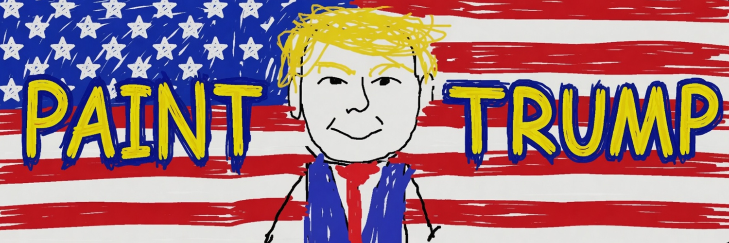 Childlike MS Paint crayon drawing of Donald Trump on USA flag background